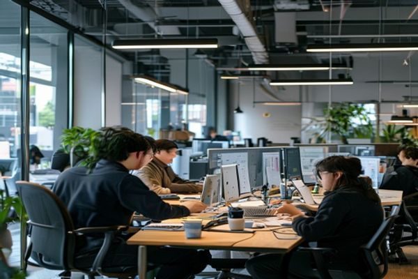 东京现代化办公室内日本职员在整洁的工位前专注工作，体现日本伦理中职人精神与集体主义工作文化的真实场景